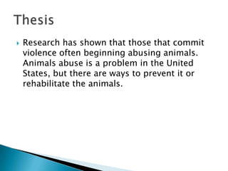 OverviewWhy Animal Cruelty Is RelevantThesisHow Abuse Comes AboutSheltersApplicationConclusionClass Activity