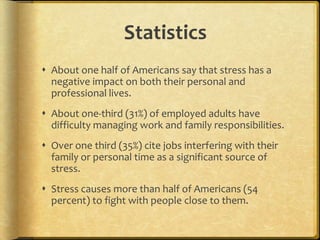 StatisticsAbout one half of Americans say that stress has a negative impact on both their personal and professional lives. About one-third (31%) of employed adults have difficulty managing work and family responsibilities. Over one third (35%) cite jobs interfering with their family or personal time as a significant source of stress. Stress causes more than half of Americans (54 percent) to fight with people close to them. 