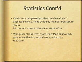 Statistics Cont’dOne in four people report that they have been alienated from a friend or family member because of stress.8% connect stress to divorce or separation.Workplace stress costs more than $300 billion each year in health care, missed work and stress-reduction