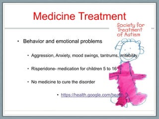 Medicine Treatment Behavior and emotional problemsAggression, Anxiety, mood swings, tantrums, irritability Risperidone- medication for children 5 to 16No medicine to cure the disorder https://health.google.com/health