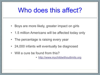 Who does this affect? Boys are more likely, greater impact on girls1.5 million Americans will be affected today onlyThe percentage is raising every year 24,000 infants will eventually be diagnosed Will a cure be found from this? http://www.mychildwithoutlimits.org