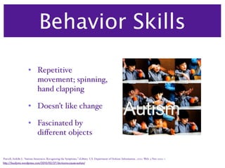 Behavior Skills

                     • Repetitive
                       movement; spinning,
                       hand clapping

                     • Doesn’t like change

                     • Fascinated by
                       diﬀerent objects


Purcell, Ardelle L. “Autism Awareness: Recognizing the Symptoms.” eLibrary. U.S. Department of Defense Information , 2010. Web. 3 Nov. 2010. <
http://laudyms.wordpress.com/2010/02/27/do-toxins-cause-autism/
 