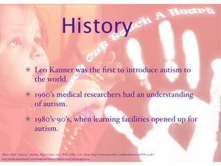 History
                           Leo Kanner was the ﬁrst to introduce autism to
                           the world.
                           1960’s medical researchers had an understanding
                           of autism.
                           1980’s-90’s, when learning facilities opened up for
                           autism.


Mayo Clinic. “Autism.” Autism. Mayo Clinic, 2011. Web. 3 Mar. 2011. <http:/‌http://www.mayoclinic.com/‌health/‌autism/‌DS00348>.
http://media.photobucket.com/image/autism/stephanyluvzyooh/autism.jpg?o=143
 