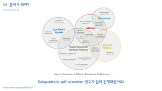 01. 문제가 뭐야?
Related Works
https://arxiv.org/abs/2009.06732
Subquadratic self-attention 연구가 많이 진행되었어요!
 