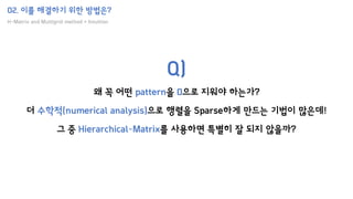 02. 이를 해결하기 위한 방법은?
H-Matrix and Multigrid method + Intuition
Q)
왜 꼭 어떤 pattern을 0으로 지워야 하는가?
더 수학적(numerical analysis)으로 행렬을 Sparse하게 만드는 기법이 많은데!
그 중 Hierarchical–Matrix를 사용하면 특별히 잘 되지 않을까?
 