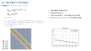 02. 이를 해결하기 위한 방법은?
H-Matrix and Multigrid method + Intuition
𝐴𝑖,𝑗 = 𝑒𝑆𝑖,𝑗
𝑆𝑖,𝑗 = 2𝑒− 𝑖−𝑗 2
− 1
2.7183
0.7678
0.3816
0.3680
0.3679
• 왼쪽의 행렬로 예시를 들어보자!
• Sequence length는 16
• Looser tolerance를 10−1
로 줘도 행렬 𝐴는 Full-rank임
• 즉, 표준적인 low-rank approximation은 효과적이지 못함
 