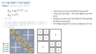 02. 이를 해결하기 위한 방법은?
H-Matrix and Multigrid method + Intuition
𝐴𝑖,𝑗 = 𝑒𝑆𝑖,𝑗
𝑆𝑖,𝑗 = 2𝑒− 𝑖−𝑗 2
− 1
2.7183
0.7678
0.3816
0.3680
0.3679
• 이걸 두 level의 matrix block으로 분리해보자! (hierarchy하게)
• 그러면 Looser tolerance를 10−3
에서 각 block 행렬의 rank는 아래와
같아요!
• Off-diagonal term에도 value가 있기에 함부로 무시하면 성능에 영향
을 끼침 (poor approximation)
• 우리의 방법은 level을 높여서 compression rate를 높이는 것도 가능!
4
2 4
2
2
4
4
2
2
2
 