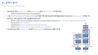 01. 문제가 뭐야?
Transformers a.k.a. Self-Attention
• Attention은 RNN (Luong et al., 2015), CNN (Bello et al., 2019), GCN (Velickovic et al., 2018)의 핵심 block
• Linearly combining information using content-based weights
• 그 중 Multi-Head Scaled Dot-Product Attention은 다양한 이해, 생성 Tasks에서 SOTA를 달성 중인 Transformer (Vaswani et al., 2017)의 핵심 구조
• 진짜 만능... 어찌나 잘하던지 아래 Tasks들에서 전부 SOTA
• Machine Translation, Document Classification, Entailment, Summarization, Question Answering (BigBird, Transformer-XL, Adaptive input repr for neural LM)
• Music Generation (Music Transformer)
• Image Generation (Generative pretraining from pixels, Image Transformer)
• Genomics (BigBird, MLM for proteins via linearly scalable long-context transformers)
• Transformer는 BERT (Devlin et al., 2019)와 GPT-3 (Brown et al., 2020)의 Backbone 모델이기도 함
Add & Norm
Input
Embedding
Output
Embedding
Linear
Softmax
+ +
Multi-Head
Attention
Feed
Forward
Feed
Forward
Masked
Multi-Head
Attention
Add & Norm
Add & Norm
Add & Norm
Add & Norm
Multi-Head
Attention
Positional
Encoding
Positional
Encoding
Encoder
Decoder
Inputs Outputs
(Shifted right)
Outputs
Probabilities
 