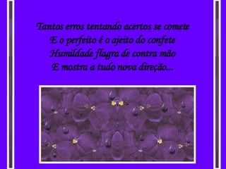 Tantos erros tentando acertos se comete E o perfeito é o ajeito do confete Humildade flagra de contra mão E mostra a tudo nova direção... 
