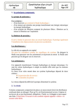 Page 2/2 
Constitution d’un circuit 
hydraulique 
Hydraulique 
H0 
Bac MEI 
Page 2/2 
1. les principaux composants. 
Le groupe de puissance : 
Il se compose : 
- d’un réservoir qui contient le fluide hydraulique ; 
- d’un moteur qui entraîne une pompe transformant une énergie mécanique 
en énergie hydraulique 
- d’un système de filtration composé de plusieurs filtres : filtration sur le 
retour et filtration sur l’aspiration 
Le limiteur de pression : 
Il sert à limiter la pression dans un circuit hydraulique. Il protège également 
l’installation des dépassements de pression accidentels. 
Les distributeurs : 
Le rôle de ces appareils est capital. 
On peut les considérer comme les aiguillages du système. Ils dirigent le 
fluide sous pression vers les actionneurs et reçoivent en retour le fluide sans 
pression qu’ils dirigent vers le réservoir. 
Les actionneurs : 
Ces appareils transforment l’énergie hydraulique en énergie mécanique. Ce 
sont les vérins hydrauliques à simple ou double effet ainsi que les moteurs 
hydrauliques. 
La force d’un vérin monté dans un système hydraulique dépend de deux 
critères : 
 la pression dite de service 
 le diamètre du piston 
La vitesse dépend du débit de la pompe alimentant le système. 
2. Le drain 
Certains composants comportent de pièces en mouvement (tiroir de distributeur 
coulissant dans un alésage). Pour qu’il y ait fonctionnement un jeu s’impose et 
au travers de ce jeu fonctionnel, obligatoire, l’huile va s’échapper et provoquer 
une fuite. Il faut donc l’évacuer et une conduite séparée appelée « drain » va 
assurer cette tâche. 
