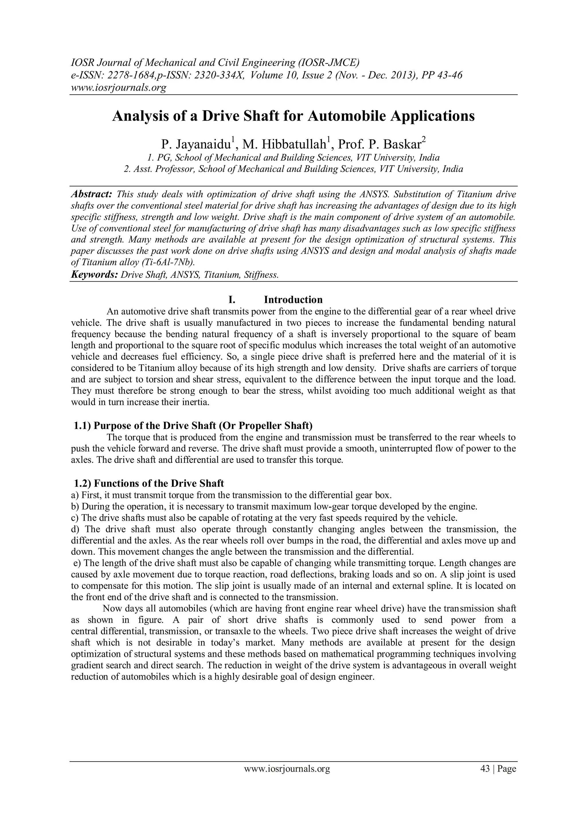 Analysis of a Drive Shaft for Automobile Applications | PDF