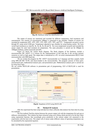 PIC Microcontroller & PC Based Multi Sensors Artificial Intelligent Technique...
DOI: 10.9790/2834-10344552 www.iosrjournals.org 48 | Page
Fig. (5) Hardware setup Gas identification unit
The output of sensors are monitored and recorded for different temperature, load resistances and
concentration. Gas canister of concentration 100ppm is connected to gas chamber. Outputs of sensors are
recorded for temperature 400
C, 450
C, 500
C, 550
C, 600
C, 650
C, 700
C, and 750
C. Temperature set point is given
through PC using serial COM port. Temperature adjusted in gas chamber by using heating system. We were
varied load resistances as value1K, 2k, 3k, 4k, 5k, 6k and 7k for every temperature set point and recorded the
sensor output for each load resistance & temperature. The same procedure is carried out for 400ppm &
1000ppm methane, carbon monoxide and LPG.
Figure (2) shows the system block diagram. The block diagram of the hardware include a
microcontroller PIC 16F877. It is chosen for the implementation of this task due to the on-chip memory
resources as well as high speed. The output data is transferred to a PC via serial communication RS232 from
microcontroller with 9600 baud rate.
We are written the program for PIC 16F877 microcontroller in C language and then compile, build
using MPLAB IDE V8.90, and down-loaded to the microcontroller. The program consists of three parts:
measurement part, mathematical analysis part, and presentation part. Mathematical analysis part is carried out
by using fuzzy logic.
We are written MATLAB software in presentation part of programming. GUI of MATLAB is used for
presentation.
Fig.(6) Snapshoot of GUI using MATLAB
IV. Method Of Analysis
After the experiment has been setup and data have been collected, data analysis has been done by using
two methods.
The first method: Find the relation between the sensors output volt with the temperature for each gas at
different concentrations. This relation has been extracted using curve fitting which proved to be the best when
using exponential function, that accordingly gives prediction to the nearest output volt measured in the
experiments with the least error. The output volt of sensor under different values of operating temperature can
be calculated by the exponential equation.
 