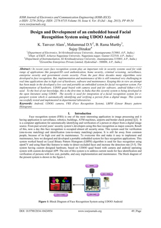 IOSR Journal of Electronics and Communication Engineering (IOSR-JECE)
e-ISSN: 2278-2834,p- ISSN: 2278-8735.Volume 10, Issue 4, Ver. II (Jul - Aug .2015), PP 49-54
www.iosrjournals.org
DOI: 10.9790/2834-10424954 www.iosrjournals.org 49 | Page
Design and Development of an embedded based Facial
Recognition System using UDOO Android
K. Tanveer Alam1
, Mahammad D.V2
, B. Rama Murthy3
,
Sujay Dinakar4
1
(Department of Electronics, Sri Krishnadevaraya University, Anantapuramu-515003, A.P., India.)
2
(Dept. of E&IT, Acharya Nagarjuna University, Nagarjuna nagar, Guntur-522510, A.P., India.)
3
(Department of Instrumentation, Sri Krishnadevaraya University, Anantapuramu-515003, A.P., India.)
4
(GreenOne Enterprises Private Limited, Hyderabad – 500086, A.P., India.)
Abstract : In recent years face recognition system play an important role in security systems used for wide
range of applications like passport/ID card authentication, home security, criminal screening, surveillance,
enterprise security and government events security. From the past three decades many algorithms were
developed to face recognition. But, implementation and maintenance of this is still remained very challenging in
real time applications due to high cost of hardware, software and maintenance. Keeping this in view an attempt
has been made in the developed a low cost and portable an embedded system for facial recognition system. For
implementation of hardware, UDOO quad board with camera used and for software, android kitkat-v.4.4.2
used. To the best of our knowledge, this is the first time in India that this security system is being developed in
the open literature using UDOO. The novelty is used for integration of a facial recognition system for e-
passport system which is automatically identifying and verifying a person from a digital image. This system
successfully tested and implemented in departmental laboratories.
Keywords: Android, UDOO, camera, FRS (Face Recognition System), LBPH (Linear Binary pattern
Histogram)
I. Introduction
Face recognition system (FRS) is one of the most interesting application in image processing and it
having application to surveillance, robotics, buildings, ATM machines, airports and border check points[1][2]. It
is a computer application for automatically identifying and verification of a person or object from a digital image
source. From past several years’ security system’s developers using this face recognition as major concern. Result
of this, now a day this face recognition is occupied almost all security areas. This system used for verification
(one-to-one matching) and identification (one-to-many matching) purpose. It is still far away from common
people, because of its high cost and its maintenance. To overcome this and make it easy to implement and
maintenance, here we designed and developed a portable embedded system for face recognition applications. This
system worked based on Local Binary Pattern Histogram (LBPH) algorithm is used for face recognition using
openCV and using Haar-like features to make to detect occluded faces and increase the detection rate [3-5]. The
system having custom designed hardware, based on UDOO quad board with camera and android operating
system with custom developed APP. The aim of this system is to address current needs for face identification and
verification of persons with low cost, portable, and easy implementation and maintenance. The block diagram of
the present system is shown in the figure-1.
Figure 1: Block Diagram of Face Recognition System using UDOO Android
 