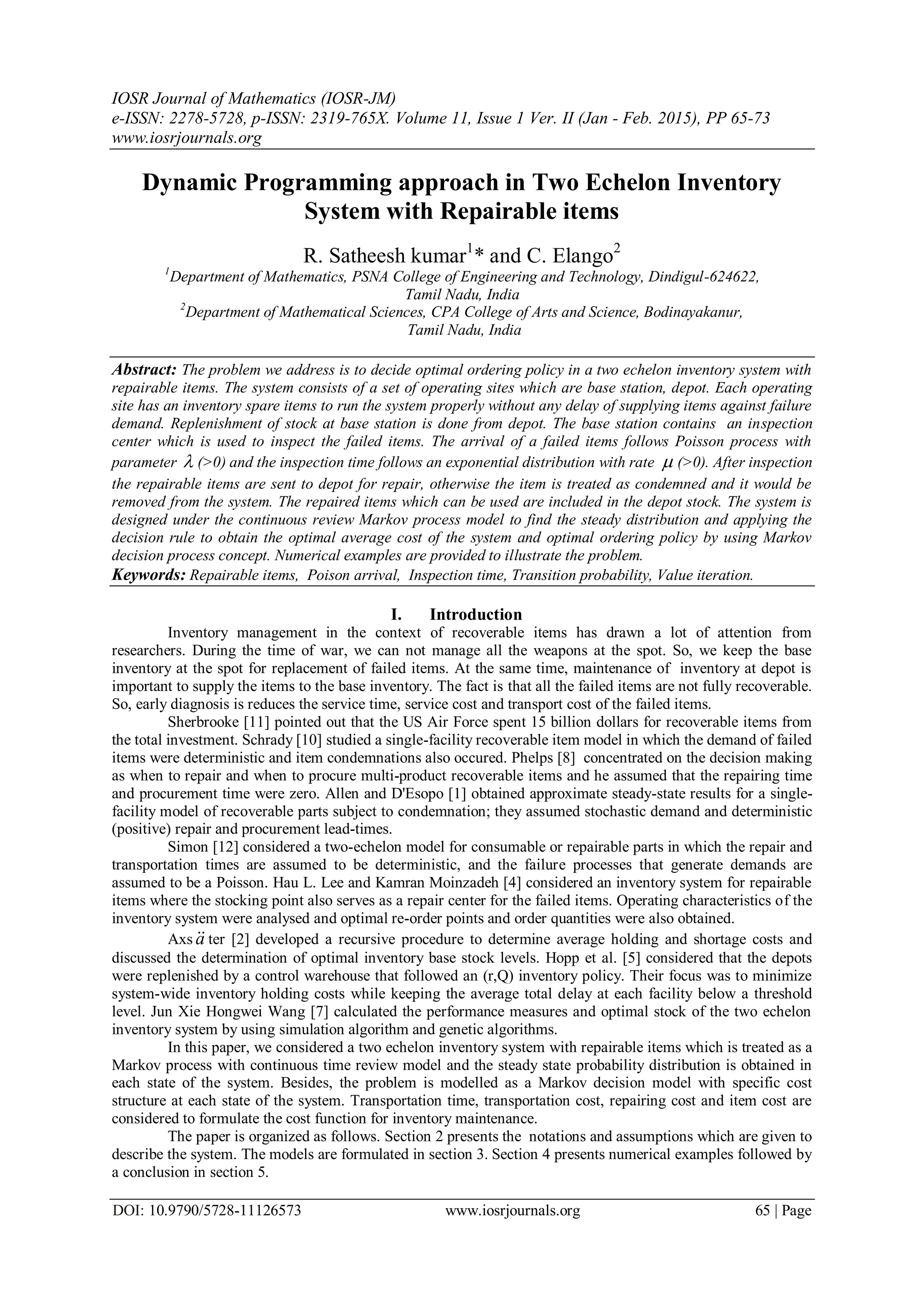 Dynamic Programming approach in Two Echelon Inventory System with ...