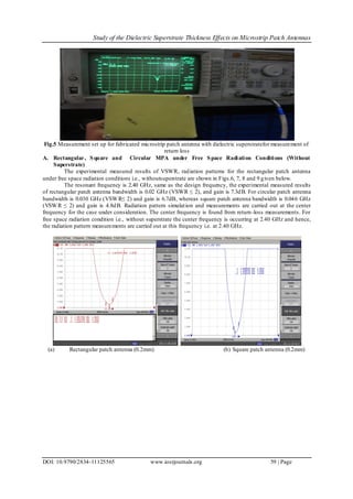 Study of the Dielectric Superstrate Thickness Effects on Microstrip Patch Antennas
DOI: 10.9790/2834-11125565 www.iosrjournals.org 59 | Page
Fig.5 Measurement set up for fabricated microstrip patch antenna with dielectric superstratefor measurement of
return loss
A. Rectangular, Square and Circular MPA under Free Space Radiation Conditions (Without
Superstrate)
The experimental measured results of VSWR, radiation patterns for the rectangular patch antenna
under free space radiation conditions i.e., withoutsuperstrate are shown in Figs.6, 7, 8 and 9 given below.
The resonant frequency is 2.40 GHz, same as the design frequency, the experimental measured results
of rectangular patch antenna bandwidth is 0.02 GHz (VSWR ≤ 2), and gain is 7.3dB. For circular patch antenna
bandwidth is 0.030 GHz (VSWR≤ 2) and gain is 6.7dB, whereas square patch antenna bandwidth is 0.046 GHz
(VSWR ≤ 2) and gain is 4.8dB. Radiation pattern simulation and measurements are carried out at the center
frequency for the case under consideration. The center frequency is found from return-loss measurements. For
free space radiation condition i.e., without superstrate the center frequency is occurring at 2.40 GHz and hence,
the radiation pattern measurements are carried out at this frequency i.e. at 2.40 GHz.
(a) Rectangular patch antenna (0.2mm) (b) Square patch antenna (0.2mm)
 