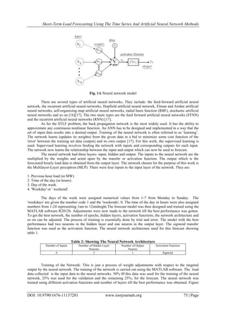 Short-Term Load Forecasting Using The Time Series And Artificial Neural Network Methods
DOI: 10.9790/1676-11137281 www.iosrjournals.org 75 | Page
Fig. 1A Neural network model
There are several types of artificial neural networks. They include: the feed-forward artificial neural
network, the recurrent artificial neural networks, Hopfield artificial neural network, Elman and Jordan artificial
neural networks, self-organizing map artificial neural networks, radial basis function (RBF), stochastic artificial
neural networks and so on [16][17]. The two main types are the feed forward artificial neural networks (FFNN)
and the recurrent artificial neural networks (RNN) [17].
As for the STLF problem, the back propagation network is the most widely used. It has the ability to
approximate any continuous nonlinear function. An ANN has to be designed and implemented in a way that the
set of input data results into a desired output. Training of the neural network is often referred to as ‘learning’.
The network learns (updates its weights) from the given data in a bid to minimize some cost function of the
'error' between the training set data (output) and its own output [17]. For this work, the supervised learning is
used. Supervised learning involves feeding the network with inputs and corresponding outputs for each input.
The network now learns the relationship between the input and output which can now be used to forecast.
The neural network had three layers- input, hidden and output. The inputs to the neural network are the
multiplied by the weights and acted upon by the transfer or activation function. The output which is the
forecasted hourly load data is obtained from the output layer. The network chosen for the purpose of this work is
the Multilayer-Layer perceptron (MLP). There were four inputs to the input layer of the network. They are:
1. Previous hour load (in MW)
2. Time of the day (in hours).
3. Day of the week.
4. 'Weekday' or ' weekend'.
The days of the week were assigned numerical values from 1-7 from Monday to Sunday. The
'weekdays' are given the number code 1 and the 'weekends', 0. The time of the day in hours were also assigned
numbers from 1-24 representing 1am to 12midnight.The forecast model was then designed and trained using the
MATLAB software R2012b. Adjustments were now made to the network till the best performance was gotten.
To get the best network, the number of epochs, hidden layers, activation functions, the network architecture and
so on can be adjusted. The process of training is essentially done by trial and error. The model with the best
performance had two neurons in the hidden layer and one neuron in the output layer. The sigmoid transfer
function was used as the activation function. The neural network architecture used for this forecast showing
table 1.
Table 2: Showing The Neural Network Architecture
Number of Inputs Number of Hidden Layer
Neurons
Number of Output
Neuron
Activation Function
4 2 1 Sigmoid
Training of the Network: This is just a process of weight adjustments with respect to the targeted
output by the neural network. The training of the network is carried out using the MATLAB software. The load
data collected is the input data to the neural networks. 50% 0f this data was used for the training of the neural
network, 25% was used for the validation and the remaining 25%, for the forecast. The neural network was
trained using different activation functions and number of layers till the best performance was obtained. Figure
 