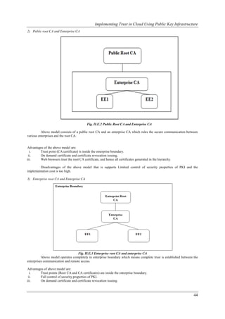 Implementing Trust in Cloud Using Public Key Infrastructure
2) Public root CA and Enterprise CA




                                            Fig. II.E.2 Public Root CA and Enterprise CA

          Above model consists of a public root CA and an enterprise CA which rules the secure communication between
various enterprises and the root CA.


Advantages of the above model are:
  i.    Trust point (CA certificate) is inside the enterprise boundary.
 ii.    On demand certificate and certificate revocation issuing.
iii.    Web browsers trust the root CA certificate, and hence all certificates generated in the hierarchy.

        Disadvantages of the above model that is supports Limited control of security properties of PKI and the
implementation cost is too high.

3) Enterprise root CA and Enterprise CA




                                   Fig. II.E.3 Enterprise root CA and enterprise CA
          Above model operates completely in enterprise boundary which means complete trust is established between the
enterprises communication and remote access.

Advantages of above model are:
  i.    Trust points (Root CA and CA certificates) are inside the enterprise boundary.
 ii.    Full control of security properties of PKI.
iii.    On demand certificate and certificate revocation issuing.



                                                                                                                   44
 