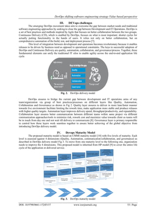 DevOps shifting software engineering strategy Value based perspective
DOI: 10.9790/0661-17245157 www.iosrjournals.org 53 | Page
III. DEVops challenges
The emerging DevOps movement takes aim to overcome the gap between market needs and traditional
software engineering approaches by seeking to close the gap between Development and IT Operations. DevOps is
a set of best practices and methods inspired by Agile that focuses on better collaboration between the two groups.
Continuous Delivery (CD), which is enabled by DevOps, focuses on what is most important: shorter cycles for
actually putting functionality in the hands of users. It relies not only on better collaboration, but on
comprehensive automation of the build, test, and deployment process [7].
This level of integration between development and operations becomes revolutionary because it enables
releases to be driven by business need as opposed to operational constraints. The keys to successful adoption of
DevOps and Continuous Delivery are quality, automation, collaboration, and governance/process. Together, these
fundamental elements can unify the traditional IT silos to enable agility across the end-to-end application life
cycle.
Fig. 2. DevOps delivery model
DevOps ensures to bridge the current gap between development and IT operations arms of any
team/organization via group of best practices/processes on different layers like Quality, Automation,
Collaboration and Governance as shown in Fig 2. Quality layer ensures to deliver in more lean/faster manner
towards live environment facilitate limiting the rework time, make application more stable and produce releases
with higher quality targets. Automation layer improves delivery speed, throughput/productivity, and repeatability.
Collaboration layer ensures better communication between different teams within same project via different
communication approaches/tools to minimize risk, rework cost and maximize value towards client as teams will
be in touch from day one and not wait till delivery to communicate [8]. Governance layer is primary responsible
to control how these layers work seamless together to ensure better achieving of the global objective from
introducing DevOps delivery model.
IV. Devops Maturity Model
The proposed maturity model is based on CMMI maturity model [10] with five levels of maturity. Each
level is assessed against 4 dimensions (Quality, Automation, communication/collaboration, and governance) as
described in DevOps delivery model Fig 3. To move from one maturity level to the following one, organization
needs to improve the 4 dimensions. This proposed model is inherited from HP model [9] to cover the entire life
cycle of the application or delivered service.
Fig. 3. DevOps maturity model
 