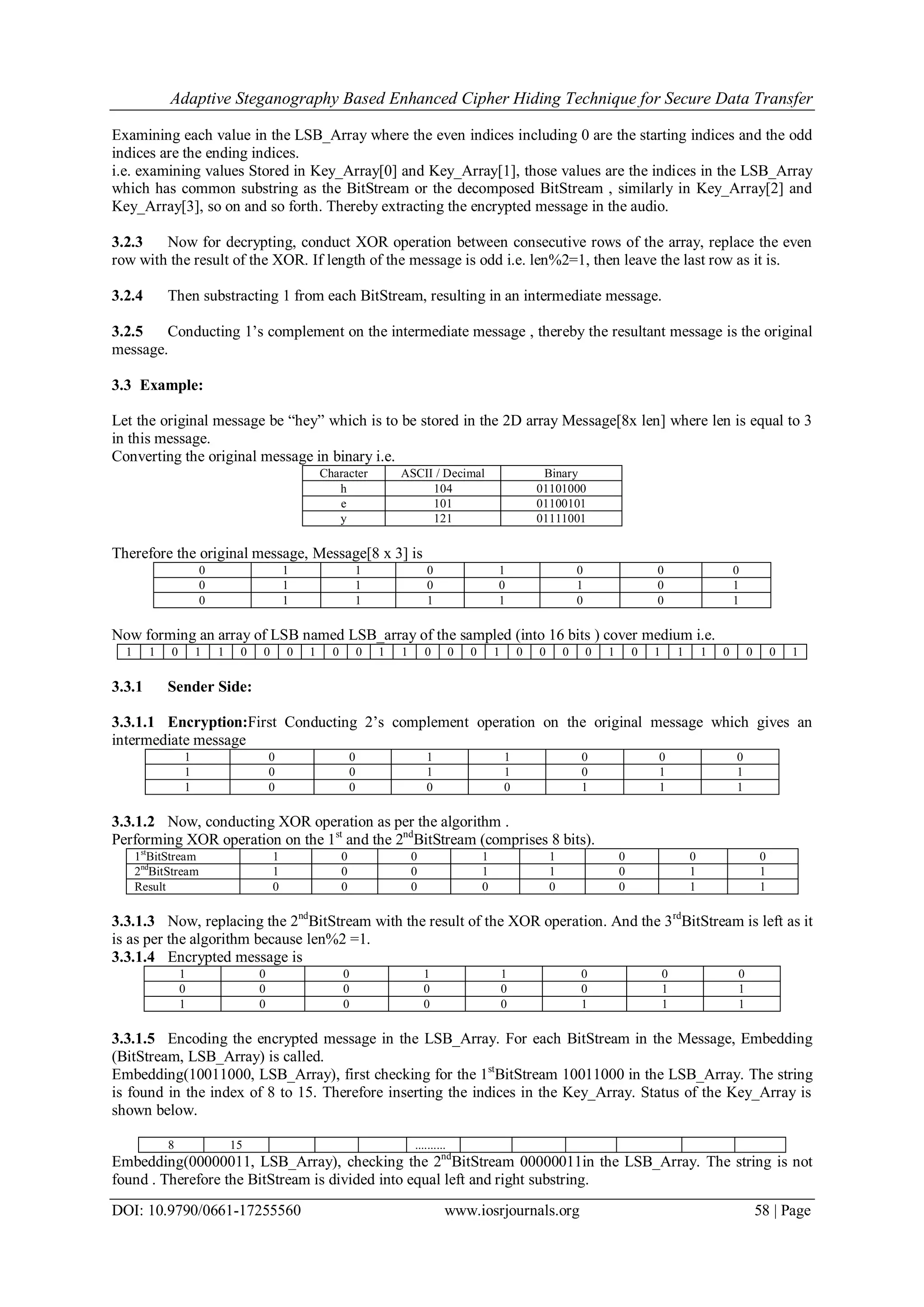 Adaptive Steganography Based Enhanced Cipher Hiding Technique for Secure Data Transfer
DOI: 10.9790/0661-17255560 www.iosrjournals.org 58 | Page
Examining each value in the LSB_Array where the even indices including 0 are the starting indices and the odd
indices are the ending indices.
i.e. examining values Stored in Key_Array[0] and Key_Array[1], those values are the indices in the LSB_Array
which has common substring as the BitStream or the decomposed BitStream , similarly in Key_Array[2] and
Key_Array[3], so on and so forth. Thereby extracting the encrypted message in the audio.
3.2.3 Now for decrypting, conduct XOR operation between consecutive rows of the array, replace the even
row with the result of the XOR. If length of the message is odd i.e. len%2=1, then leave the last row as it is.
3.2.4 Then substracting 1 from each BitStream, resulting in an intermediate message.
3.2.5 Conducting 1’s complement on the intermediate message , thereby the resultant message is the original
message.
3.3 Example:
Let the original message be “hey” which is to be stored in the 2D array Message[8x len] where len is equal to 3
in this message.
Converting the original message in binary i.e.
Character ASCII / Decimal Binary
h 104 01101000
e 101 01100101
y 121 01111001
Therefore the original message, Message[8 x 3] is
0 1 1 0 1 0 0 0
0 1 1 0 0 1 0 1
0 1 1 1 1 0 0 1
Now forming an array of LSB named LSB_array of the sampled (into 16 bits ) cover medium i.e.
1 1 0 1 1 0 0 0 1 0 0 1 1 0 0 0 1 0 0 0 0 1 0 1 1 1 0 0 0 1
3.3.1 Sender Side:
3.3.1.1 Encryption:First Conducting 2’s complement operation on the original message which gives an
intermediate message
1 0 0 1 1 0 0 0
1 0 0 1 1 0 1 1
1 0 0 0 0 1 1 1
3.3.1.2 Now, conducting XOR operation as per the algorithm .
Performing XOR operation on the 1st
and the 2nd
BitStream (comprises 8 bits).
1st
BitStream 1 0 0 1 1 0 0 0
2nd
BitStream 1 0 0 1 1 0 1 1
Result 0 0 0 0 0 0 1 1
3.3.1.3 Now, replacing the 2nd
BitStream with the result of the XOR operation. And the 3rd
BitStream is left as it
is as per the algorithm because len%2 =1.
3.3.1.4 Encrypted message is
1 0 0 1 1 0 0 0
0 0 0 0 0 0 1 1
1 0 0 0 0 1 1 1
3.3.1.5 Encoding the encrypted message in the LSB_Array. For each BitStream in the Message, Embedding
(BitStream, LSB_Array) is called.
Embedding(10011000, LSB_Array), first checking for the 1st
BitStream 10011000 in the LSB_Array. The string
is found in the index of 8 to 15. Therefore inserting the indices in the Key_Array. Status of the Key_Array is
shown below.
8 15 ..........
Embedding(00000011, LSB_Array), checking the 2nd
BitStream 00000011in the LSB_Array. The string is not
found . Therefore the BitStream is divided into equal left and right substring.
 