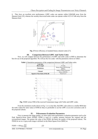 Chaos Encryption and Coding for Image Transmission over Noisy Channels
DOI: 10.9790/0661-17653645 www.iosrjournals.org 38 | Page
6. They have an excellent error performance; LDPC codes can operate within 0.0045dB away from the
Shannon limit [19], whereas the recently discovered turbo codes can operate within 0.25–0.5 dB away from the
Shannon limit.
Fig. 2 Power efficiency of standard binary channel codes [17].
III. Comparison Between LDPC And Turbo Codes
Now, we will compare between the performance of LDPC and turbo codes in BER to determine the
best for use in the proposed algorithm. We will use the two codes with the parameters shown in Table1.
Table 1. Simulation parameters of the comparison between LDPC and Turbo codes.
½Code Rate
512 bitsBlock length
Binary Phase Shift Keying
(BPSK)
Modulation
Additive White Gaussian
Noise (AWGN)
Channel
From 0 to 4Signal-to-Noise Ratio (SNR) dB
Fig. 3 BER versus SNR of the received Cameraman image with Turbo and LDPC codes.
From the simulation results shown in Fig. 3, it is clear that, theLDPC code achieves a smaller BER than
the turbo codeat the same values of SNR.So that,it is preferable to use the LDPC as an error correction code in
the proposed scheme.
IV. Pefrormance Evaluation Parameters
First, to measure the image quality, we must study some performance evaluation parameters such as the
Peak Signal-to-Noise Ratio (PSNR). PSNR is used as a quality measure between the original and the
reconstructed images. The greater the value of the PSNR, the better the quality of the proposed scheme. The
PSNR for an m x n gray-scale image is defined via the Mean Square Error (MSE) as:
𝑃𝑆𝑁𝑅 = 10𝑙𝑜𝑔10
2552
𝑀𝑆𝐸
(2)
0 0.5 1 1.5 2 2.5 3 3.5
0
0.02
0.04
0.06
0.08
0.1
0.12
0.14
0.16
BER
SNR (dB)
LDPC
Turbo
 