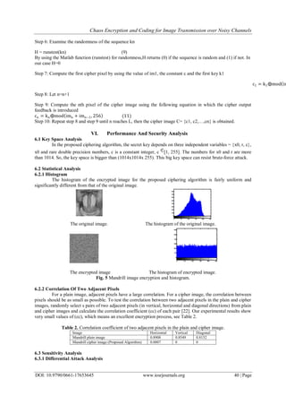 Chaos Encryption and Coding for Image Transmission over Noisy Channels
DOI: 10.9790/0661-17653645 www.iosrjournals.org 40 | Page
Step 6: Examine the randomness of the sequence kn
H = runstest(kn) (9)
By using the Matlab function (runstest) for randomness,H returns (0) if the sequence is random and (1) if not. In
our case H=0
Step 7: Compute the first cipher pixel by using the value of im1, the constant c and the first key k1
c1 = k1⨁mod im
Step 8: Let n=n+1
Step 9: Compute the nth pixel of the cipher image using the following equation in which the cipher output
feedback is introduced
cn = kn⨁mod imn + imn−1, 256 (11)
Step 10: Repeat step 8 and step 9 until n reaches L, then the cipher image C= {c1, c2,…,cn} is obtained.
VI. Performance And Security Analysis
6.1 Key Space Analysis
In the proposed ciphering algorithm, the secret key depends on three independent variables = {x0, r, c},
x0 and rare double precision numbers, c is a constant integer, c [1, 255]. The numbers for x0 and r are more
than 1014. So, the key space is bigger than (1014x1014x 255). This big key space can resist brute-force attack.
6.2 Statistical Analysis
6.2.1 Histogram
The histogram of the encrypted image for the proposed ciphering algorithm is fairly uniform and
significantly different from that of the original image.
The original image. The histogram of the original image.
The encrypted image The histogram of encrypted image.
Fig. 5 Mandrill image encryption and histogram.
6.2.2 Correlation Of Two Adjacent Pixels
For a plain image, adjacent pixels have a large correlation. For a cipher image, the correlation between
pixels should be as small as possible. To test the correlation between two adjacent pixels in the plain and cipher
images, randomly select s pairs of two adjacent pixels (in vertical, horizontal and diagonal directions) from plain
and cipher images and calculate the correlation coefficient (cc) of each pair [22]. Our experimental results show
very small values of (cc), which means an excellent encryption process, see Table 2.
Table 2. Correlation coefficient of two adjacent pixels in the plain and cipher image.
DiagonalVerticalHorizontalImage
0.81520.85490.8908Mandrill plain image
000.0007Mandrill cipher image (Proposed Algorithm)
6.3 Sensitivity Analysis
6.3.1 Differential Attack Analysis
 