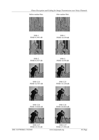 Chaos Encryption and Coding for Image Transmission over Noisy Channels
DOI: 10.9790/0661-17653645 www.iosrjournals.org 44 | Page
Before median filter. After median filter.
SNR=1
PSNR=8.3941 dB
SNR=1
PSNR=10.5391dB
SNR=2
PSNR=8.5537 dB
SNR=2
PSNR=10.939 dB
SNR=2.25
PSNR=16.7873 dB
SNR=2.25
PSNR=18.1258 dB
SNR=2.26
PSNR=19.4636 dB
SNR=2.26
PSNR=20.4636 dB
SNR=2.27
PSNR=25.352 dB
SNR=2.27
PSNR=27.3956 dB
 