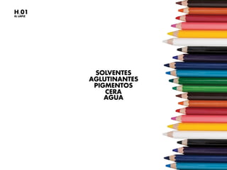H.01
EL LÁPIZ
SOLVENTES
AGLUTINANTES
PIGMENTOS
CERA
AGUA