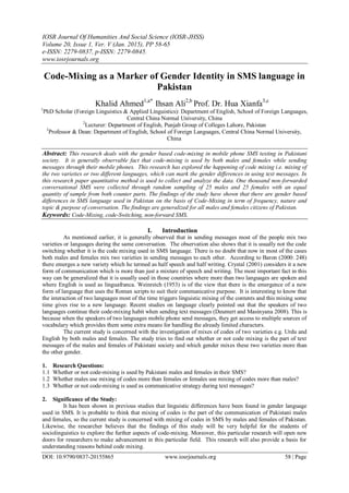 Code-Mixing as a Marker of Gender Identity in SMS language in Pakistan ...
