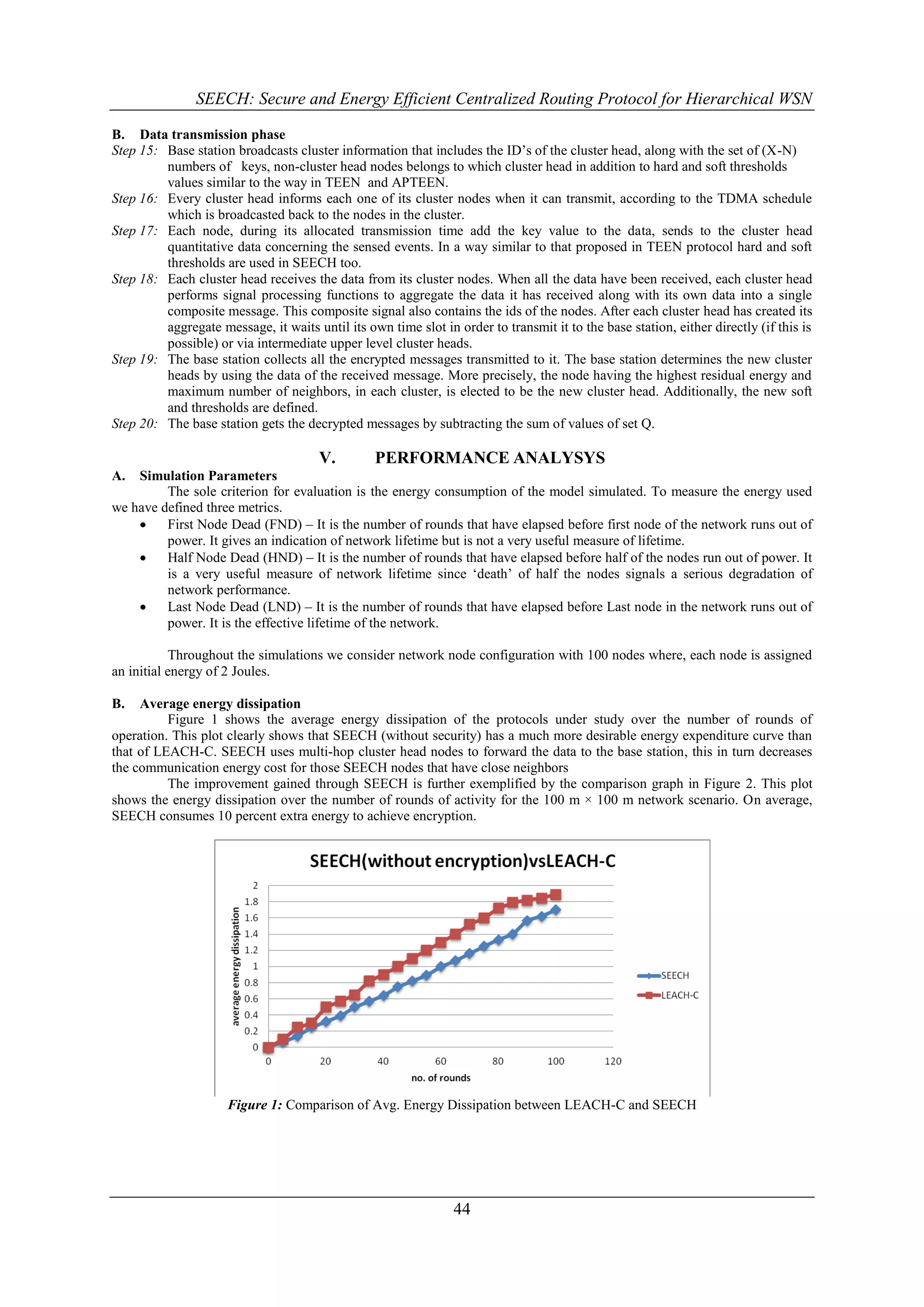 SEECH: Secure and Energy Efficient Centralized Routing Protocol for Hierarchical WSN

B. Data transmission phase
Step 15: Base station broadcasts cluster information that includes the ID‟s of the cluster head, along with the set of (X-N)
         numbers of keys, non-cluster head nodes belongs to which cluster head in addition to hard and soft thresholds
         values similar to the way in TEEN and APTEEN.
Step 16: Every cluster head informs each one of its cluster nodes when it can transmit, according to the TDMA schedule
         which is broadcasted back to the nodes in the cluster.
Step 17: Each node, during its allocated transmission time add the key value to the data, sends to the cluster head
         quantitative data concerning the sensed events. In a way similar to that proposed in TEEN protocol hard and soft
         thresholds are used in SEECH too.
Step 18: Each cluster head receives the data from its cluster nodes. When all the data have been received, each cluster head
         performs signal processing functions to aggregate the data it has received along with its own data into a single
         composite message. This composite signal also contains the ids of the nodes. After each cluster head has created its
         aggregate message, it waits until its own time slot in order to transmit it to the base station, either directly (if this is
         possible) or via intermediate upper level cluster heads.
Step 19: The base station collects all the encrypted messages transmitted to it. The base station determines the new cluster
         heads by using the data of the received message. More precisely, the node having the highest residual energy and
         maximum number of neighbors, in each cluster, is elected to be the new cluster head. Additionally, the new soft
         and thresholds are defined.
Step 20: The base station gets the decrypted messages by subtracting the sum of values of set Q.

                                       V.        PERFORMANCE ANALYSYS
A.  Simulation Parameters
         The sole criterion for evaluation is the energy consumption of the model simulated. To measure the energy used
we have defined three metrics.
        First Node Dead (FND) – It is the number of rounds that have elapsed before first node of the network runs out of
         power. It gives an indication of network lifetime but is not a very useful measure of lifetime.
        Half Node Dead (HND) – It is the number of rounds that have elapsed before half of the nodes run out of power. It
         is a very useful measure of network lifetime since „death‟ of half the nodes signals a serious degradation of
         network performance.
        Last Node Dead (LND) – It is the number of rounds that have elapsed before Last node in the network runs out of
         power. It is the effective lifetime of the network.

           Throughout the simulations we consider network node configuration with 100 nodes where, each node is assigned
an initial energy of 2 Joules.

B.   Average energy dissipation
          Figure 1 shows the average energy dissipation of the protocols under study over the number of rounds of
operation. This plot clearly shows that SEECH (without security) has a much more desirable energy expenditure curve than
that of LEACH-C. SEECH uses multi-hop cluster head nodes to forward the data to the base station, this in turn decreases
the communication energy cost for those SEECH nodes that have close neighbors
          The improvement gained through SEECH is further exemplified by the comparison graph in Figure 2. This plot
shows the energy dissipation over the number of rounds of activity for the 100 m × 100 m network scenario. On average,
SEECH consumes 10 percent extra energy to achieve encryption.




                     Figure 1: Comparison of Avg. Energy Dissipation between LEACH-C and SEECH




                                                                44
 