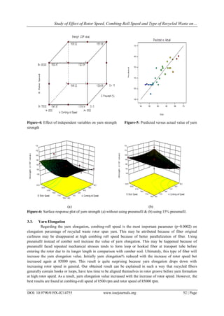 Study of Effect of Rotor Speed, Combing-Roll Speed and Type of Recycled Waste on…
DOI: 10.9790/019X-0214755 www.iosrjournals.org 52 | Page
Figure-4: Effect of independent variables on yarn strength Figure-5: Predicted versus actual value of yarn
strength
(a) (b)
Figure-6: Surface response plot of yarn strength (a) without using pneumafil & (b) using 15% pneumafil.
3.3. Yarn Elongation
Regarding the yarn elongation, combing-roll speed is the most important parameter (p=0.0002) on
elongation percentage of recycled waste rotor spun yarn. This may be attributed because of fiber original
curliness may be disappeared at high combing roll speed because of better parallelization of fiber. Using
pneumafil instead of comber noil increase the value of yarn elongation. This may be happened because of
pneumafil faced repeated mechanical stresses tends to form loop or hooked fiber at transport tube before
entering the rotor due to its longer length in comparison with comber noil. Ultimately, this type of fiber will
increase the yarn elongation value. Initially yarn elongation% reduced with the increase of rotor speed but
increased again at 85000 rpm. This result is quite surprising because yarn elongation drops down with
increasing rotor speed in general. Our obtained result can be explained in such a way that recycled fibers
generally contain hooks or loops, have less time to be aligned themselves in rotor groove before yarn formation
at high rotor speed. As a result, yarn elongation value increased with the increase of rotor speed. However, the
best results are found at combing-roll speed of 8500 rpm and rotor speed of 85000 rpm.
 