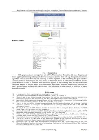 Performance of real time web traffic analysis using feed forward neural networks and K-means




                                                            Figure 6
K-means Results:




                                             VI.     Conclusion:
          Data preprocessing is an important task of WUM application. Therefore, data must be processed
before applying data mining techniques to discover user access patterns from web log. This paper presents two
algorithms for field extraction and data cleaning. K means algorithm to the cleaned log file gives effective
clustered results for web analysis. Not every access to the content should be taken into consideration. So this
system removes accesses to irrelevant items and failed requests in data cleaning. After that necessary items
remain for purpose of analysis. Speed up extraction time when users‟ interested information is retrieved and
users‟ accessed pages is discovered from log data. The information in these records is sufficient to obtain
session information.

                                                          References
[1]    A new perspective of web usage mining: using enterprise proxy log yu zhang
[2]    Two Levels of Prediction Model for User‟sBrowsing Behavior1 Chu-Hui Lee, Yu-Hsiang Fu
[3]    Murata, T. and K. Saito (2006). Extracting Users' Interests from Web Log Data. Proceedings of the 2006 IEEE/WIC/ACM
       International Conference on Web Intelligence (WI 2006 Main Conference Proceedings)(WI'06) 0-7695-2747-7/06.
[4]    Pabarskaite, Z. (2002). Implementing Advanced Cleaning and End-User Interpretability Technologies in Web Log Mining. 24th Int.
       Conf. information Technology Interfaces /TI 2002, June 24-27, 2002, Cavtat, Croatia.
[5]    Yun, L., W. Xun, et al. (2008). A Hybrid Information Filtering Algorithm Based on Distributed Web log Mining. Third 2008
       International Conference on Convergence and Hybrid Information Technology 978-0-7695-3407-7/08 © 2008 IEEE DOI
       10.1109/ICCIT.2008.39.
[6]    Ou, J.-C., C.-H. Lee, et al. (2008). "Efficient algorithms for incremental Web log mining with dynamic thresholds." The VLDB
       Journal (2008) 17:827–845 DOI 10.1007/s00778-006-0043-9.
[7]    Suneetha, K. R. and D. R. Krishnamoorthi (2009). "Identifying User Behavior by Analyzing Web Server Access Log File." IJCSNS
       International Journal of Computer Science and Network Security, VOL.9 No.4, April 2009.
[8]    Wahab, M. H. A., M. N. H. Mohd, et al. (2008). Data Preprocessing on Web Server Logs for Generalized Association Rules Mining
       Algorithm. World Academy of Science,Engineering and Technology 48 2008.
[9]    Stermsek, G., M. Strembeck, et al. (2007). A User Profile Derivation Approach based on Log-File Analysis. IKE 2007: 258-264.
[10]   Yuan, F., L.-J. Wang, et al. (2003). Study on Data Preprocessing Algorithm in Web Log Mining. Proceedings of the Second
       International Conference on Machine Learning and Cybernetics, Wan, 2-5 November 2003.
[9]    Khasawneh, N. and C.-C. Chan (2006). Active User-Based and Ontology-Based Web Log Data Preprocessing for Web Usage
       Mining. Proceedings of the 2006 IEEE/WIC/ACM International Conference on Web Intelligence (WI 2006 Main Conference
       Proceedings) (WI'06) 0-7695-2747-7/06 © 2006.


                                                   www.iosrjournals.org                                                   50 | Page
 