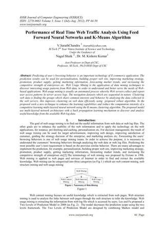 IOSR Journal of Computer Engineering (IOSRJCE)
ISSN: 2278-0661 Volume 3, Issue 1 (July-Aug. 2012), PP 44-50
www.iosrjournals.org

     Performance of Real Time Web Traffic Analysis Using Feed
         Forward Neural Networks and K-Means Algorithm
                                                         1
                                 V.SarathChandra itsarath@yahoo.com,
                          M.Tech 2nd Year Nimra Institute of Science and Technology,
                                           Under the Guidance of
                                                  2
                                Nagul Shaik , Dr. M. Kishore Kumar3
                                       Asst Professor in Dept of CSC,
                                 Professor, M.Tech., Ph.D HOD Dept of CSC


Abstract: Predicting of user’s browsing behavior is an important technology of E-commerce application. The
prediction results can be used for personalization, building proper web site, improving marketing strategy,
promotion, product supply, getting marketing information, forecasting market trends, and increasing the
competitive strength of enterprises etc. Web Usage Mining is the application of data mining techniques to
discover interesting usage patterns from Web data, in order to understand and better serve the needs of Web-
based applications. Web usage mining is usually an automated process whereby Web servers collect and report
user access patterns in server access logs. The navigation datasets which are sequential in nature. Clustering
web data is finding the groups which share common interests and behavior by analyzing the data collected in
the web servers, this improves clustering on web data efficiently using proposed robust algorithm. In the
proposed work a new technique to enhance the learning capabilities and reduce the computation intensity of a
competitive learning multi-layered neural network using the K-means clustering algorithm. The proposed model
use multi-layered network architecture with a back propagation learning mechanism to discover and analyze
useful knowledge from the available Web log data.

                                          I.          Introduction:
         The goal of web usage mining is to find out the useful information from web data or web log files. The
other goals are to enhance the usability of the web information and to apply the technology on the web
applications, for instance, pre-fetching and caching, personalization etc. For decision management, the result of
web usage mining can be used for target advertisement, improving web design, improving satisfaction of
customer, guiding the strategy decision of the enterprise, and marketing analysis etc. Forecasting the users‟
browsing behaviors is one of web usage mining issues. In order to achieve the purpose, it is necessary to
understand the customers‟ browsing behaviors through analyzing the web data or web log files. Predicting the
most possible user‟s next requirement is based on the previous similar behavior. There are many advantages to
implement the prediction, for example, personalization, building proper web site, improving marketing strategy,
promotion, product supply, getting marketing information, forecasting market trends, and increasing the
competitive strength of enterprises etc[2].The terminology of web mining was proposed by Etzioni in 1996.
Web mining is applied to web pages and services of Internet in order to find and extract the available
knowledge. Web mining can be categorized into three categories (as Fig 1.) which are web content mining, web
structure mining and web usage mining




                                                      Figure 1

         Web content mining focuses on useful knowledge which is extracted from web pages. Web structure
mining is used to analyze the links between web pages through the web structure to infer the knowledge. Web
usage mining is extracting the information from web log file which is accessed by users. Lee and Fu proposed a
Two Levels of Prediction Model in 2008 (as Fig. 2) . The model decreases the prediction scope using the two
levels framework. The Two Levels of Prediction Model are designed by combining Markov model and

                                               www.iosrjournals.org                                    44 | Page
 