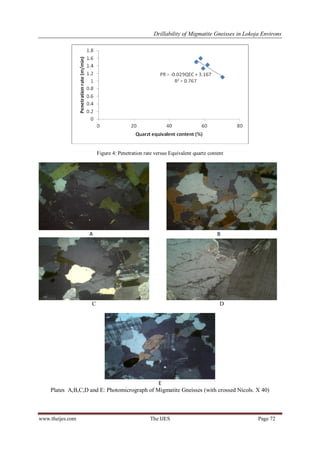 Drillability of Migmatite Gneisses in Lokoja Environs

Figure 4: Penetration rate versus Equivalent quartz content

A

B

C

D

E
Plates A,B,C,D and E: Photomicrograph of Migmatite Gneisses (with crossed Nicols. X 40)

www.theijes.com

The IJES

Page 72

 