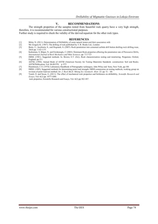 Drillability of Migmatite Gneisses in Lokoja Environs
V.

RECOMMENDATIONS

The strength properties of the samples tested from beautiful rock quarry have a very high strength,
therefore, it is recommended for various constructional purposes.
Further study is required to check the validity of the derived equation for the other rock types.

REFERENCES
[1]
[2]
[3]
[4]
[5]
[6]
[7]
[8]
[9]

Bilim, N. (2011): Determination of Drillability of some natural stones and their association with
Mc Gregore K. (1967): The drilling of rock published by: C.R. Books Ltd., London
Beste, U., Jacobsein, S., and Hogmark, S. (2007): Rock penetration into cemented carbide drill button drulling rock drilling wear,
26(4) pp. 1142-1151
Kahraman, S. Bilgin, N. and Feridunoglu, C (2003): Dominant Rock properties affecting the penetration rate of Percussive Drills,
International Journal of Rock Mechanics and Mine Sciences, pp. 711-723
ISRM. (1981). Suggested methods. In. Brown, E.T. (Ed.), Rock characterization testing and monitoring. Pergamon, Oxford,
England, pp 211
ASTM, (1994). Annual Book of ASTM (American Society for Testing Materials) Standards -construction: Soil and Rocks.
ASTM Publication, Vol. 04.08.978, p. 975
Hutchinson, C.S. (1974): Laboratory Handbook of Petrographic techniques, John Wiley and Sons, New York, pp.108.
ISRM. (1985). Suggested methods for determining point load strength, ISRM commission on testing methods, working group on
revision of point load test method. Int. J. Rock Mech. Mining Sci. Geomech. Abstr. 22: pp. 51 – 60.
Yarali, O. and Soyar, E. (2011): The effect of mechanical rock properties and brittleness on drillability, Scientific Research and
Essays, Vol. 6(2) pp. 1077-1088.
rock properties, Scientific Research and Essays, Vol. 6(2) pp 382-387.

www.theijes.com

The IJES

Page 74

 