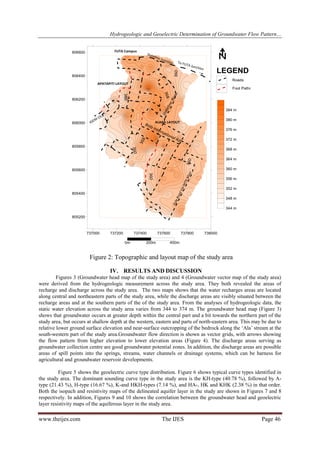 Hydrogeologic and Geoelectric Determination of Groundwater Flow Pattern…

Figure 2: Topographic and layout map of the study area
IV. RESULTS AND DISCUSSION
Figures 3 (Groundwater head map of the study area) and 4 (Groundwater vector map of the study area)
were derived from the hydrogeologic measurement across the study area. They both revealed the areas of
recharge and discharge across the study area. The two maps shows that the water recharges areas are located
along central and northeastern parts of the study area, while the discharge areas are visibly situated between the
recharge areas and at the southern parts of the of the study area. From the analyses of hydrogeologic data, the
static water elevation across the study area varies from 344 to 374 m. The groundwater head map (Figure 3)
shows that groundwater occurs at greater depth within the central part and a bit towards the northern part of the
study area, but occurs at shallow depth at the western, eastern and parts of north-eastern area. This may be due to
relative lower ground surface elevation and near-surface outcropping of the bedrock along the ‘Ala’ stream at the
south-western part of the study area.Groundwater flow direction is shown as vector grids, with arrows showing
the flow pattern from higher elevation to lower elevation areas (Figure 4). The discharge areas serving as
groundwater collection centre are good groundwater potential zones. In addition, the discharge areas are possible
areas of spill points into the springs, streams, water channels or drainage systems, which can be harness for
agricultural and groundwater reservoir developments.
Figure 5 shows the geoelectric curve type distribution. Figure 6 shows typical curve types identified in
the study area. The dominant sounding curve type in the study area is the KH-type (40.78 %), followed by Atype (21.43 %), H-type (16.67 %), K-and HKH-types (7.14 %), and HA-, HK and KHK (2.38 %) in that order.
Both the isopach and resistivity maps of the delineated aquifer layer in the study are shown in Figures 7 and 8
respectively. In addition, Figures 9 and 10 shows the correlation between the groundwater head and geoelectric
layer resistivity maps of the aquiferous layer in the study area.

www.theijes.com

The IJES

Page 46

 