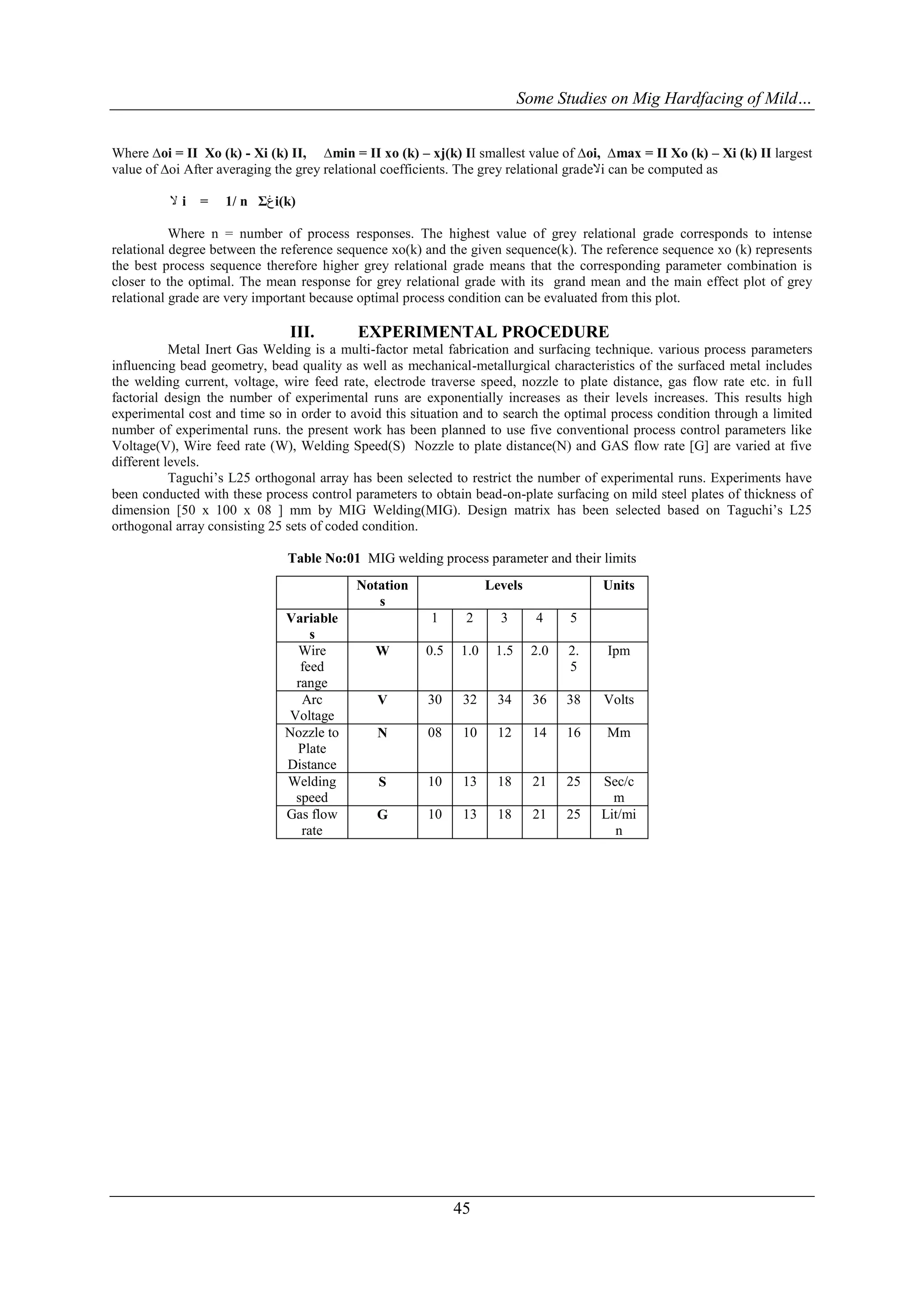 Some Studies on Mig Hardfacing of Mild…


Where ∆oi = II Xo (k) - Xi (k) II, ∆min = II xo (k) – xj(k) II smallest value of ∆oi, ∆max = II Xo (k) – Xi (k) II largest
value of ∆oi After averaging the grey relational coefficients. The grey relational grade‫ﻻ‬i can be computed as

          ‫ﻻ‬i   =    1/ n Σ‫ﻍ‬i(k)

           Where n = number of process responses. The highest value of grey relational grade corresponds to intense
relational degree between the reference sequence xo(k) and the given sequence(k). The reference sequence xo (k) represents
the best process sequence therefore higher grey relational grade means that the corresponding parameter combination is
closer to the optimal. The mean response for grey relational grade with its grand mean and the main effect plot of grey
relational grade are very important because optimal process condition can be evaluated from this plot.

                               III.        EXPERIMENTAL PROCEDURE
           Metal Inert Gas Welding is a multi-factor metal fabrication and surfacing technique. various process parameters
influencing bead geometry, bead quality as well as mechanical-metallurgical characteristics of the surfaced metal includes
the welding current, voltage, wire feed rate, electrode traverse speed, nozzle to plate distance, gas flow rate etc. in full
factorial design the number of experimental runs are exponentially increases as their levels increases. This results high
experimental cost and time so in order to avoid this situation and to search the optimal process condition through a limited
number of experimental runs. the present work has been planned to use five conventional process control parameters like
Voltage(V), Wire feed rate (W), Welding Speed(S) Nozzle to plate distance(N) and GAS flow rate [G] are varied at five
different levels.
           Taguchi’s L25 orthogonal array has been selected to restrict the number of experimental runs. Experiments have
been conducted with these process control parameters to obtain bead-on-plate surfacing on mild steel plates of thickness of
dimension [50 x 100 x 08 ] mm by MIG Welding(MIG). Design matrix has been selected based on Taguchi’s L25
orthogonal array consisting 25 sets of coded condition.

                               Table No:01 MIG welding process parameter and their limits
                                           Notation                Levels              Units
                                              s
                              Variable                  1     2      3      4     5
                                  s
                               Wire           W        0.5   1.0    1.5     2.0   2.    Ipm
                                feed                                              5
                               range
                                Arc            V       30     32     34     36    38   Volts
                              Voltage
                              Nozzle to        N       08     10     12     14    16   Mm
                               Plate
                              Distance
                              Welding          S       10     13     18     21    25   Sec/c
                               speed                                                     m
                              Gas flow        G        10     13     18     21    25   Lit/mi
                                rate                                                     n




                                                             45
 