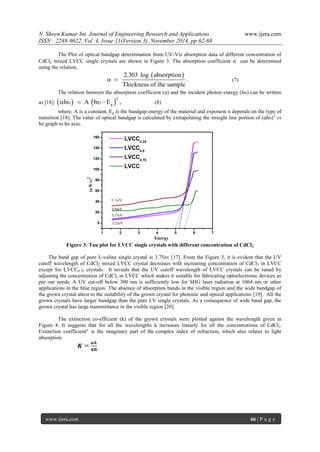 N. Sheen Kumar Int. Journal of Engineering Research and Applications www.ijera.com 
ISSN : 2248-9622, Vol. 4, Issue 11(Version 3), November 2014, pp.62-68 
www.ijera.com 66 | P a g e 
The Plot of optical bandgap determination from UV-Vis absorption data of different concentration of 
CdCl2 mixed LVCC single crystals are shown in Figure 3. The absorption coefficient  can be determined 
using the relation, 
2.303 log absorption 
. 
Thickness of the sample 
  (7) 
The relation between the absorption coefficient (α) and the incident photon energy (hυ) can be written 
as [18]:    n 
g h  A h E , (8) 
where, A is a constant, Eg is the bandgap energy of the material and exponent n depends on the type of 
transition [18]. The value of optical bandgap is calculated by extrapolating the straight line portion of (αhυ)2 vs 
hυ graph to hυ axis. 
1 2 3 4 5 6 7 
0 
20 
40 
60 
80 
100 
120 
140 
160 
 
 
(h  
 
Energy 
LVCC 
0.25 
LVCC 
0.5 
LVCC 
0.75 
LVCC 
eV 
eV 
eV 
eV 
Figure 3: Tau plot for LVCC single crystals with different concentration of CdCl2 
The band gap of pure L-valine single crystal is 3.75ev [17]. From the Figure 3, it is evident that the UV 
cutoff wavelength of CdCl2 mixed LVCC crystal decreases with increasing concentration of CdCl2 in LVCC 
except for LVCC0.75 crystals. It reveals that the UV cutoff wavelength of LVCC crystals can be tuned by 
adjusting the concentration of CdCl2 in LVCC which makes it suitable for fabricating optoelectronic devices as 
per our needs. A UV cut-off below 300 nm is sufficiently low for SHG laser radiation at 1064 nm or other 
applications in the blue region. The absence of absorption bands in the visible region and the wide bandgap of 
the grown crystal attest to the suitability of the grown crystal for photonic and optical applications [19]. All the 
grown crystals have larger bandgap than the pure LV single crystals. As a consequence of wide band gap, the 
grown crystal has large transmittance in the visible region [20]. 
The extinction co-efficient (k) of the grown crystals were plotted against the wavelength given in 
Figure 4. It suggests that for all the wavelengths k increases linearly for all the concentrations of CdCl2. 
Extinction coefficient" is the imaginary part of the complex index of refraction, which also relates to light 
absorption. 
 
