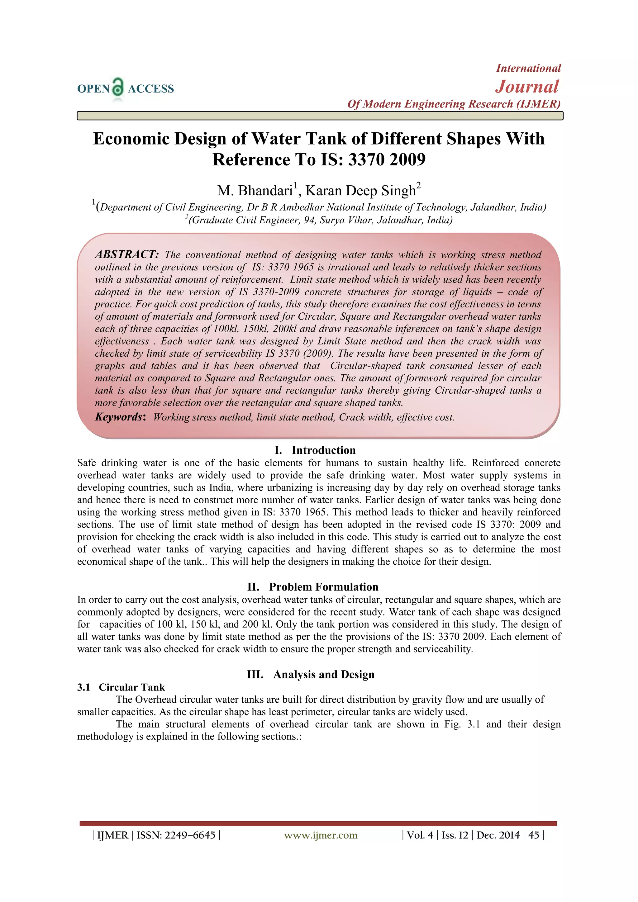 Economic Design of Water Tank of Different Shapes With Reference To IS