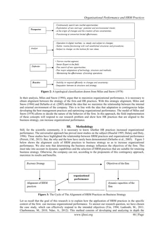 Organisational Performance and HRM Practices
www.ijhssi.org 46 | Page
Figure 2: A typological classification drawn from Miles and Snow (1978)
In their analysis, Miles and Snow (1994), argue that to maximize organizational performance, it is necessary to
obtain alignment between the strategy of the firm and HR practices. With this strategic alignment, Miles and
Snow (1984) and DeSarbo et al. (2005) defend the idea that we maximize the relationship between the internal
and external environment of the company. This is in line with the idea that adaptation to contingencies helps
developing the best management practices and optimizing organizational performance. The model of Miles and
Snow (1978) allows to decide the nature of the behavior of the firm. In this approach, the field implementation
of these concepts will respond to our research problem and show how HR practices that are aligned to the
business strategy, can increase organizational performance.
III. Methodology
Still, for the scientific community, it is necessary to know whether HR practices increased organizational
performance. The universalist approach has proved most studies on the subject (Huselid 1995; Delary and Doty,
1996). These studies have highlighted the relationship between HRM practices and organizational performance
(Perreti, J.M., 2013). But, the why and the how have rarely been demonstrated (DeSarbo et al., 2005). Figure 3
below shows the alignment cycle of HRM practices to business strategy so as to increase organizational
performance. We also note that determining the business strategy influences the objectives of the firm. This
must take into account its dynamic capabilities and the selection of HRM practices that are suitable for retaining
business strategy. Otherwise, the company can not, according to the proponents of this contingency approach,
maximize its results and benefits.
Figure 3: The Cycle of The Alignment of HRM Practices on Business Strategy
Let us recall that the goal of this research is to explain how the application of HRM practices in the specific
context of the firm can increase organizational performance. To answer our research question, we have chosen
the case study, which can effectively respond to the intended objectives (Yin, 1994; Laaboubi, M., 2011.
Charbonneau, M., 2010, Ndao, A., 2012). This method consists of developing and analyzing in depth the
 