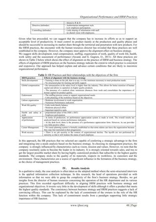 Organisational Performance and HRM Practices
www.ijhssi.org 48 | Page
- Intensive R & D.
Directive (defender) - Authoritarian management style.
- Low employee participation.
Controlling (defender) - Little sharing of information with staff.
- no shared vision with employees.
Given what has preceeded, we can suggest that the company has to increase its efforts so as to support an
acceptable level of productivity. It must control its product mainly at the production and quality phases and
should be successful in increasing its market share through the territorial and penetration with new products. For
the HRM practices, the encounter with the human resources director has revealed that these practices are well
established in the company. However, the company must approve the alignment effect on business strategy.
We suggest skills development, total compensation, staffing, organization of work, quality of work life, health,
work safety and the assessment of performance (Arcand, and G. Gagnon, O., 2011). All these practices are
shown in Table 2 below which shows the effect of alignment on the practice of HRM and business strategy. The
effects of alignment of HRM practices on the business strategy indicate the extent to which practice is consistent
and responsive. Our approach has helped explain and advance certain conditions that are likely to maximize
organizational performance.
Table 2: HR Practices and their relationships with the objectives of the firm
HRM practices Effects of alignment with the business strategy
Skills development - Training is done on the job, that is to say, it is the minimum necessary to meet production needs.
- No structured plan for training and skills support.
Global compensation - the remuneration at the salary level is higher than the industry. This allows for better retention of human
capital and allows to capitalize on higher quality products.
- The presence of a medical clinic minimizes absences from work and consolidates the importance of
human capital for product quality.
Endowment - The staffing process comes to support organizational needs.
- Little planning of the workforce based on the objectives.
Labour organization - Moderate involvement in work organization.
- Numerous Performance indicators.
Work life quality - Little work-family balance.
- Moderate physical effort.
- Important repetitive tasks
Health and safety at
work
- preponderant place of the OSH. ( SST)
- Employee participation.
Appreciation
of performance
- In terms of production, no performance appreciation system is made at work. The overall results are
analyzed based on various performance indicators.
- At the desk level, there is the presence of a performance appreciation form. However, its use provides
very little positive effect.
Career Management - No career planning system is formally established so that some talents can leave the organization because
they may feel restricted in their progression.
Work security - There is no job security in the context of organizational decline. The layoffs are not performed by
seniority so that it will weaken the status of each employee.
In this approach, the HR practices that we selected are capable of conferring a strategic advantage to the firm
and integrating into a needs analysis based on the business strategy. In choosing its management practices, the
company is strongly influenced by characteristics such as vision, mission and values. However, we note that the
company resolutely seeks to become the leader in its industry. It is strongly oriented towards sales, and tres to
get the largest possible market share by having highly customized products that subscribe to the highest quality
standards. The company sticks to the quality of its materials, respects its workforce, its customers and the
environment. These characteristics are a source of significant influence in the formation of the business strategy,
as the choice of management practices.
IV. Results Analysis
In a qualitative study, the case analysis is often taken as the adopted method where the semi-structured interview
is the applied information collection technique. In this research, the head of operations provided us with
information so that we were able to grasp the complexity of the firm’s business strategy. Besides, we got
insights from the director of human resources concerning the operation of the HR department and its various
practices. This firm recorded significant difficulty in aligning HRM practices with business strategy and
organizational objectives. It invests very little in the development of skills although it offers a product that meets
the highest quality standards. The consistency between business strategy and HRM practices suggests a lack of
convincing efficacy. This can be explained by the lack of commitment of the owners in the role of the HR
function within the company. This lack of commitment results from a paradigm supporting little strategic
importance of HR function.
 