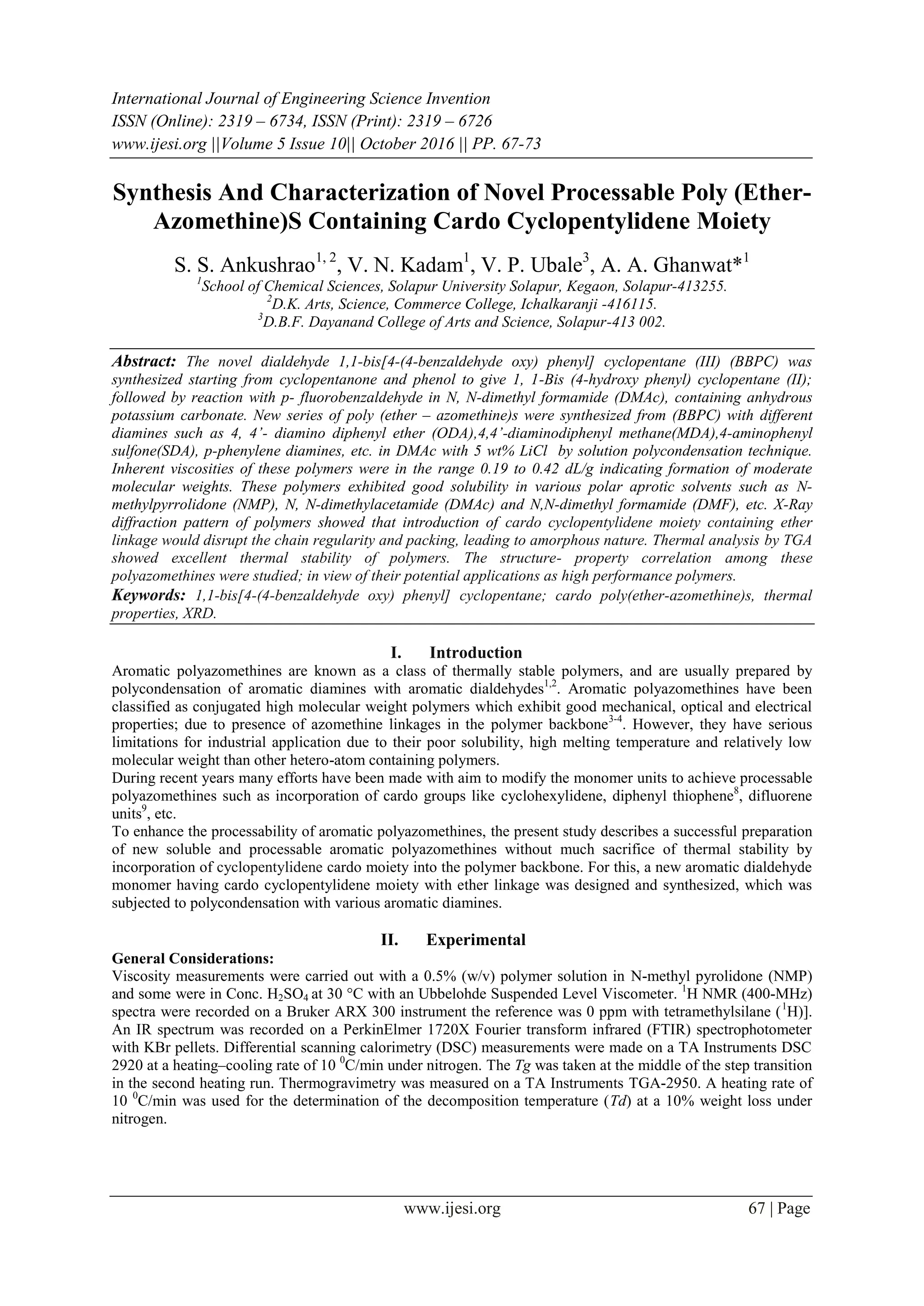 Synthesis And Characterization of Novel Processable Poly ...