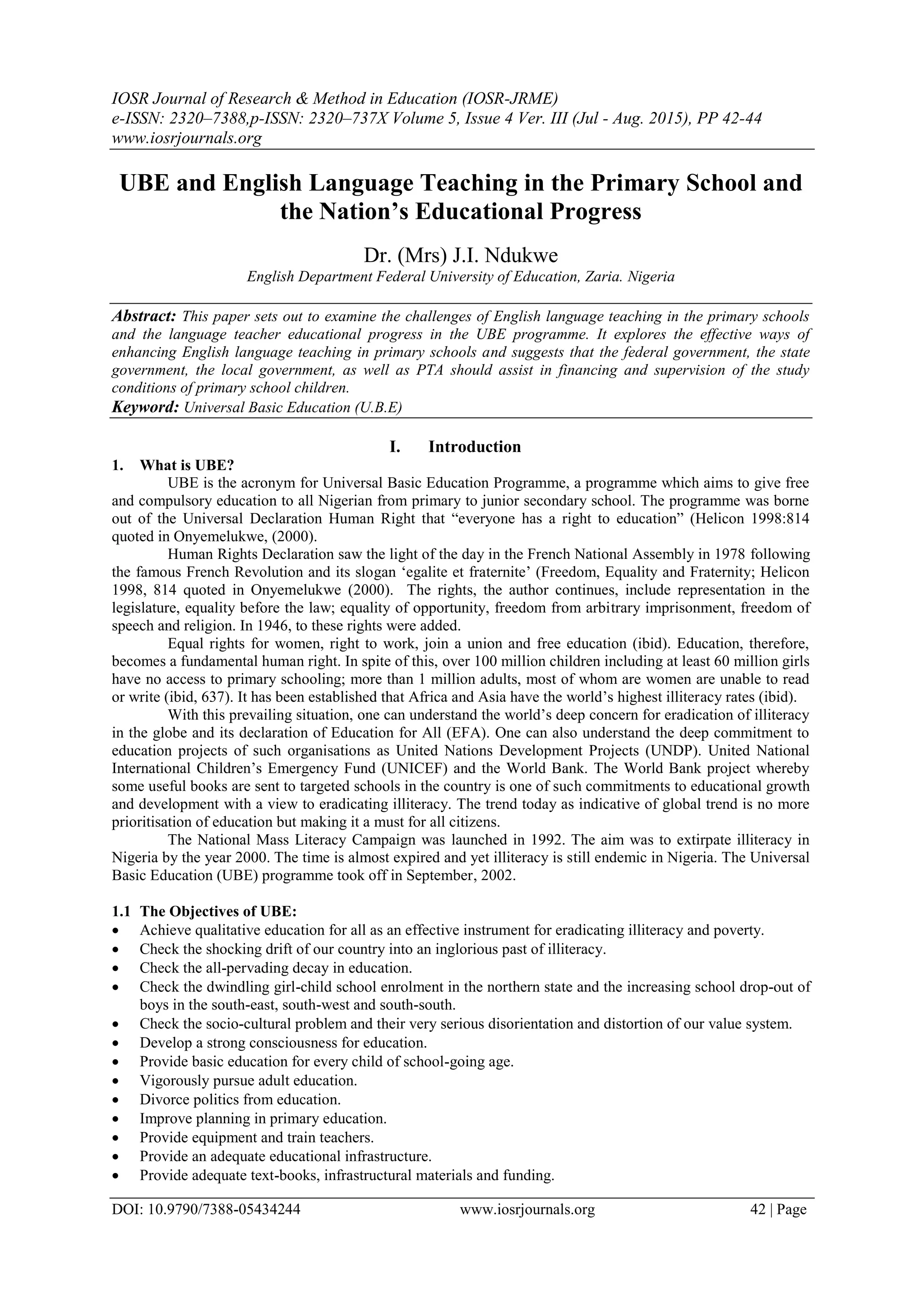 UBE and English Language Teaching in the Primary School and the Nation ...