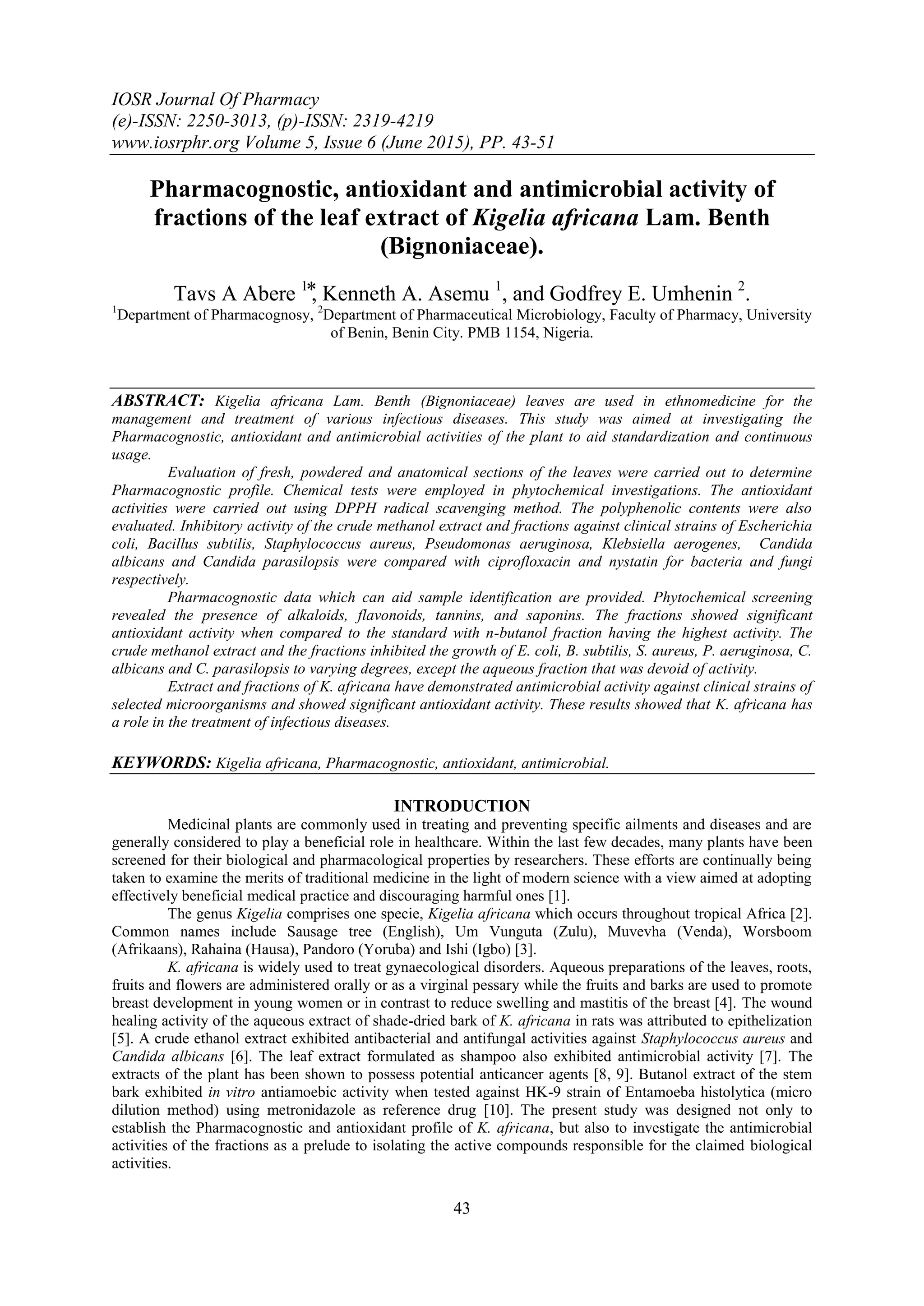 Pharmacognostic, antioxidant and antimicrobial activity of fractions of ...