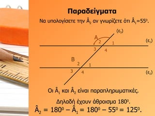 Παραδείγματα (ε 1 ) (ε 2 ) (ε 3 ) Α 1 2 3 4 Β 1 2 3 4 Να υπολογίσετε την  Â 2  αν γνωρίζετε ότι  Â 1 =55 0 . Â 2  = 180 0  –  Â 1  = 180 0  – 55 0  = 125 0 .  Οι  Â 1  και  Â 2  είναι παραπληρωματικές.  Δηλαδή έχουν άθροισμα 180 0 .  