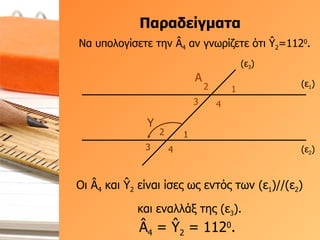 Παραδείγματα (ε 1 ) (ε 2 ) (ε 3 ) Α 1 2 3 4 Υ 1 2 3 4 Να υπολογίσετε την  Â 4  αν γνωρίζετε ότι  Ŷ 2 = 11 2 0 . Â 4  =  Ŷ 2  =  11 2 0 .  Οι  Â 4  και  Ŷ 2  είναι ίσες ως εντός των (ε 1 )//(ε 2 ) και εναλλάξ της (ε 3 ). 