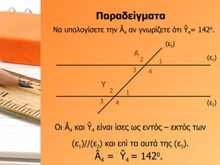 Παραδείγματα (ε 1 ) (ε 2 ) (ε 3 ) Α 1 2 3 4 Υ 1 2 3 4 Να υπολογίσετε την  Â 4  αν γνωρίζετε ότι  Ŷ 4 = 142 0 . Â 4  =  Ŷ 4  = 142 0 .  Οι  Â 4  και  Ŷ 4  είναι ίσες ως εντός – εκτός των (ε 1 )//(ε 2 ) και επί τα αυτά της (ε 3 ). 