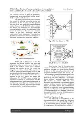M S Abu Bakar Int. Journal of Engineering Research and Application www.ijera.com
ISSN : 2248-9622, Vol. 6, Issue 6, ( Part -1) June 2016, pp.34-41
www.ijera.com 37 | P a g e
one “database” that can be shared by the farmers,
managers and agents, especially in helping farmers
for farming their paddy plantation.
The Paddy Management System includes
the process of gathering, processing, storing and
distributing of data to carry out the operation
functions of the farm in the form of the information
needed (Sorensen et al., 2010). In order to collect
and process data, interviews have been conducted
with the farmers to identify the requirement of the
system. In addition, we also carry out a literature
reading to get more information about the
requirement of paddy management. The results from
the interview sessions and literature reading can be
formulated into the system requirement as Figure 3.
Fig. 3: Paddy Planting Practices
Mobile DW in PMS consist of data that
developed from several databases that supply the
information to the system as shown in Figure 3.
Each of the databases comes from a different
location and combined as the DW system for
integration and data analysis. The requirements
collected and analysts will be used to design the DW
according the mobile elements. Each data is analysis
to the specific user level and location. The data
provided to the DW system will display the
information for the PMS users, including the
important information or announcement from the
information provider. Indeed, the information can be
shared among farmers by using mobile devices and
can be accessed anywhere, any devices and anytime
with the availability of the internet connection.
Fig. 4: The User Domain for PMS
Fig. 5. The Use Case of the PMS
Based on the Figure 4, the various data
sources are collected from several related agencies
in different locations. Each of the agencies supplied
the data to the DW and performs the analysis and
integration to load the required data into the DW.
The information produced from the analysis is ready
to access by the farmers, managers and agents as
shown in use case model in Figure 5. The functions
showed in Figure 5 are used to design the mobile
DW structure for portable PMS. The main
information provided by the DW comprises of seed
analysis, fertilizer analysis, farming scheduling
analysis, and control analysis. The evaluation will
determine the correctness of the DW model through
expert review. The result of the DW model is used
to develop the prototype for PMS it will simulate the
functionality of PMS to deliver the information as
requested by the farmers or agencies.
Mobile Data Warehouse Design
The mobile DW is designed based on the
dimensional modeling that contains fact, dimension
and measure components in the table schema. Based
on the requirement analysis presented in Figure 5,
the components of DW model are listed in Table 2.
 
