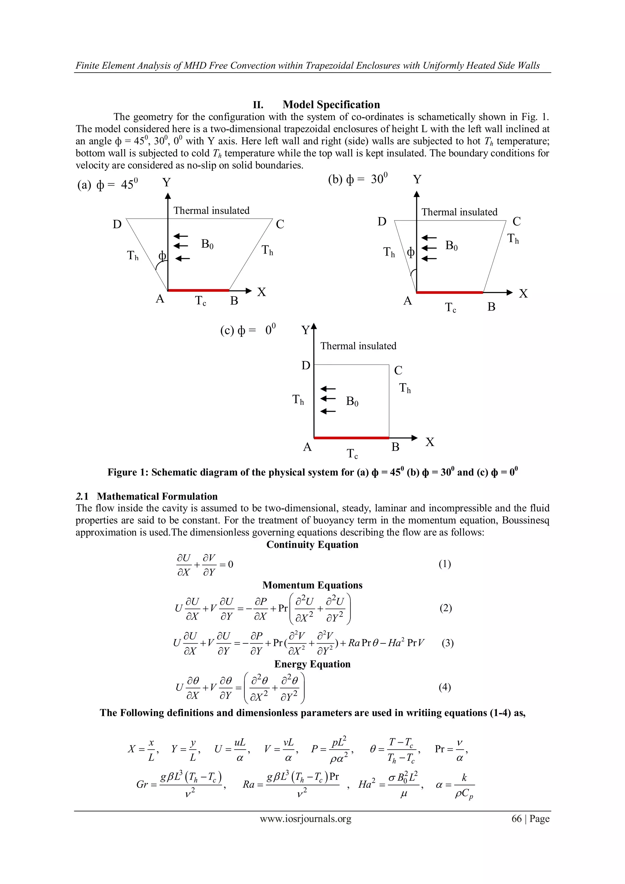 Finite Element Analysis of MHD Free Convection within Trapezoidal Enclosures with Uniformly Heated Side Walls
www.iosrjournals.org 66 | Page
II. Model Specification
The geometry for the configuration with the system of co-ordinates is schametically shown in Fig. 1.
The model considered here is a two-dimensional trapezoidal enclosures of height L with the left wall inclined at
an angle ф = 450
, 300
, 00
with Y axis. Here left wall and right (side) walls are subjected to hot Th temperature;
bottom wall is subjected to cold Th temperature while the top wall is kept insulated. The boundary conditions for
velocity are considered as no-slip on solid boundaries.
Figure 1: Schematic diagram of the physical system for (a) ф = 450
(b) ф = 300
and (c) ф = 00
2.1 Mathematical Formulation
The flow inside the cavity is assumed to be two-dimensional, steady, laminar and incompressible and the fluid
properties are said to be constant. For the treatment of buoyancy term in the momentum equation, Boussinesq
approximation is used.The dimensionless governing equations describing the flow are as follows:
Continuity Equation
0
U V
X Y
 
 
 
(1)
Momentum Equations
2 2
2 2
Pr
U U P U U
U V
X Y X X Y
     
     
      
(2)
2 2
2
2 2
Pr( ) Pr Pr
U U P V V
U V Ra Ha V
X Y Y X Y

    
      
    
(3)
Energy Equation
2 2
2 2
U V
X Y X Y
       
   
     
(4)
The Following definitions and dimensionless parameters are used in writiing equations (1-4) as,
   
2
2
3 3 2 2
2 0
2 2
, , , , , , Pr ,
Pr
, , ,
c
h c
h c h c
p
T Tx y uL vL pL
X Y U V P
L L T T
g L T T g L T T B L k
Gr Ra Ha
C


  
  

  

      

 
   
Th
Thermal insulated
Th
Tc
X
Y
BA
CD
(a) ф = 450
ф
B0 B0
Thermal insulated
Th
Y
X
BA
CD
(b) ф = 300
Th
Tc
ф
B0
Tc
Thermal insulated
D
Th
X
Y
C
A B
(c) ф = 00
Th
 