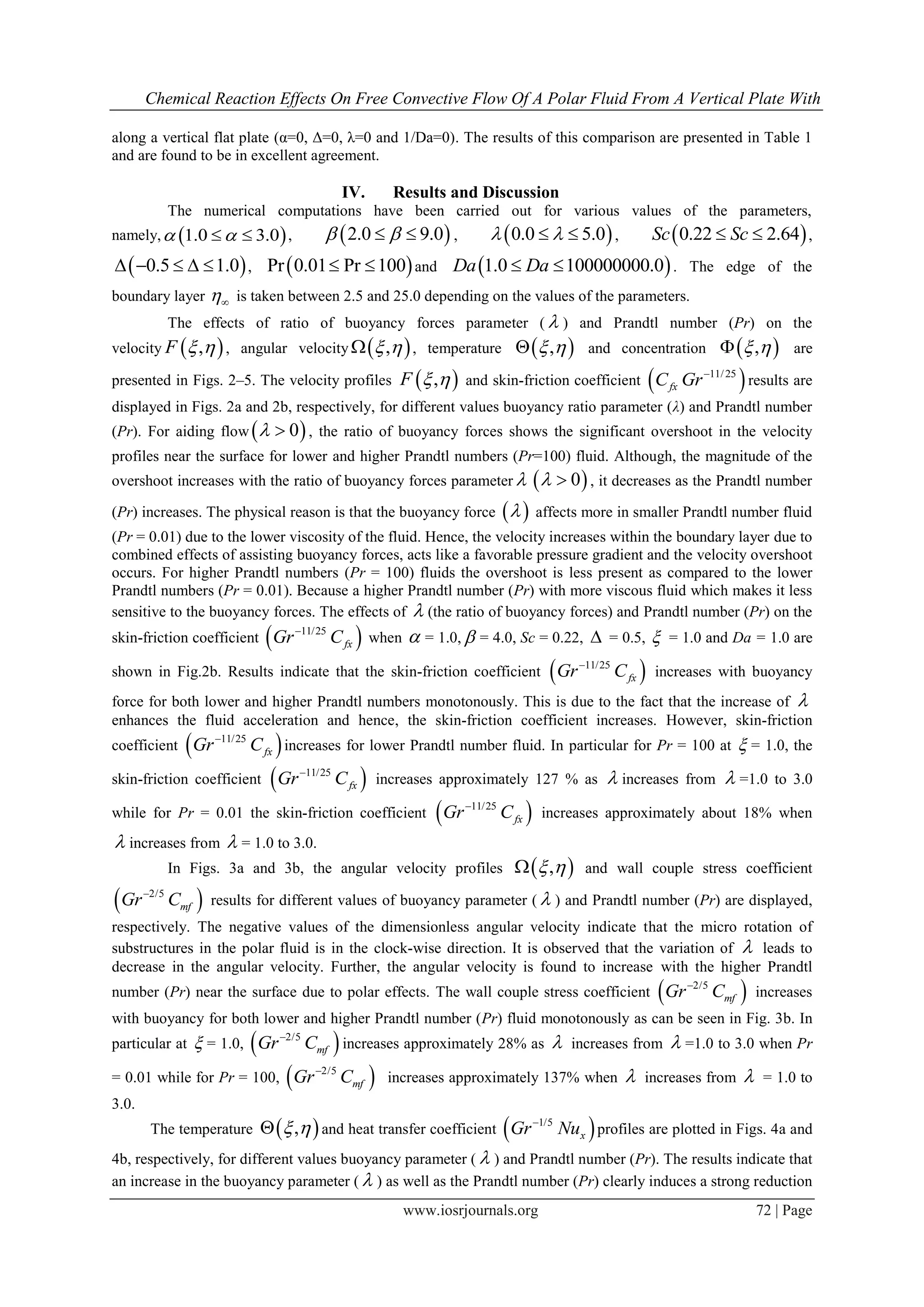 Chemical Reaction Effects On Free Convective Flow Of A Polar Fluid From A Vertical Plate With
www.iosrjournals.org 72 | Page
along a vertical flat plate (α=0, Δ=0, λ=0 and 1/Da=0). The results of this comparison are presented in Table 1
and are found to be in excellent agreement.
IV. Results and Discussion
The numerical computations have been carried out for various values of the parameters,
namely,  1.0 3.0   ,  2.0 9.0   ,  0.0 5.0   ,  0.22 2.64Sc Sc  ,
 0.5 1.0     ,  Pr 0.01 Pr 100  and  1.0 100000000.0Da Da  . The edge of the
boundary layer  is taken between 2.5 and 25.0 depending on the values of the parameters.
The effects of ratio of buoyancy forces parameter (  ) and Prandtl number (Pr) on the
velocity  ,F   , angular velocity  ,  , temperature  ,  and concentration  ,  are
presented in Figs. 2–5. The velocity profiles  ,F   and skin-friction coefficient  11/25
fxC Gr
results are
displayed in Figs. 2a and 2b, respectively, for different values buoyancy ratio parameter (λ) and Prandtl number
(Pr). For aiding flow  0  , the ratio of buoyancy forces shows the significant overshoot in the velocity
profiles near the surface for lower and higher Prandtl numbers (Pr=100) fluid. Although, the magnitude of the
overshoot increases with the ratio of buoyancy forces parameter   0  , it decreases as the Prandtl number
(Pr) increases. The physical reason is that the buoyancy force   affects more in smaller Prandtl number fluid
(Pr = 0.01) due to the lower viscosity of the fluid. Hence, the velocity increases within the boundary layer due to
combined effects of assisting buoyancy forces, acts like a favorable pressure gradient and the velocity overshoot
occurs. For higher Prandtl numbers (Pr = 100) fluids the overshoot is less present as compared to the lower
Prandtl numbers (Pr = 0.01). Because a higher Prandtl number (Pr) with more viscous fluid which makes it less
sensitive to the buoyancy forces. The effects of  (the ratio of buoyancy forces) and Prandtl number (Pr) on the
skin-friction coefficient  11/25
fxGr C
when  = 1.0,  = 4.0, Sc = 0.22,  = 0.5,  = 1.0 and Da = 1.0 are
shown in Fig.2b. Results indicate that the skin-friction coefficient  11/25
fxGr C
increases with buoyancy
force for both lower and higher Prandtl numbers monotonously. This is due to the fact that the increase of 
enhances the fluid acceleration and hence, the skin-friction coefficient increases. However, skin-friction
coefficient  11/25
fxGr C
increases for lower Prandtl number fluid. In particular for Pr = 100 at  = 1.0, the
skin-friction coefficient  11/25
fxGr C
increases approximately 127 % as  increases from  =1.0 to 3.0
while for Pr = 0.01 the skin-friction coefficient  11/25
fxGr C
increases approximately about 18% when
 increases from  = 1.0 to 3.0.
In Figs. 3a and 3b, the angular velocity profiles  ,  and wall couple stress coefficient
 2/5
mfGr C
results for different values of buoyancy parameter (  ) and Prandtl number (Pr) are displayed,
respectively. The negative values of the dimensionless angular velocity indicate that the micro rotation of
substructures in the polar fluid is in the clock-wise direction. It is observed that the variation of  leads to
decrease in the angular velocity. Further, the angular velocity is found to increase with the higher Prandtl
number (Pr) near the surface due to polar effects. The wall couple stress coefficient  2/5
mfGr C
increases
with buoyancy for both lower and higher Prandtl number (Pr) fluid monotonously as can be seen in Fig. 3b. In
particular at  = 1.0,  2/5
mfGr C
increases approximately 28% as  increases from  =1.0 to 3.0 when Pr
= 0.01 while for Pr = 100,  2/5
mfGr C
increases approximately 137% when  increases from  = 1.0 to
3.0.
The temperature  ,  and heat transfer coefficient  1/5
xGr Nu
profiles are plotted in Figs. 4a and
4b, respectively, for different values buoyancy parameter (  ) and Prandtl number (Pr). The results indicate that
an increase in the buoyancy parameter (  ) as well as the Prandtl number (Pr) clearly induces a strong reduction
 