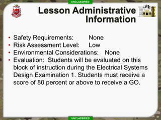 UNCLASSIFIED
UNCLASSIFIED
• Safety Requirements: None
• Risk Assessment Level: Low
• Environmental Considerations: None
• Evaluation: Students will be evaluated on this
block of instruction during the Electrical Systems
Design Examination 1. Students must receive a
score of 80 percent or above to receive a GO.
 